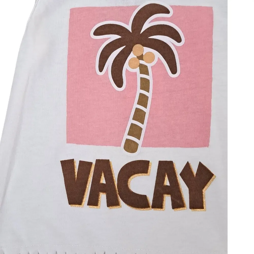 Girl's Pink White Vacay Palm Tree Graphic Fringed Top Shorts Set 2T NWOT